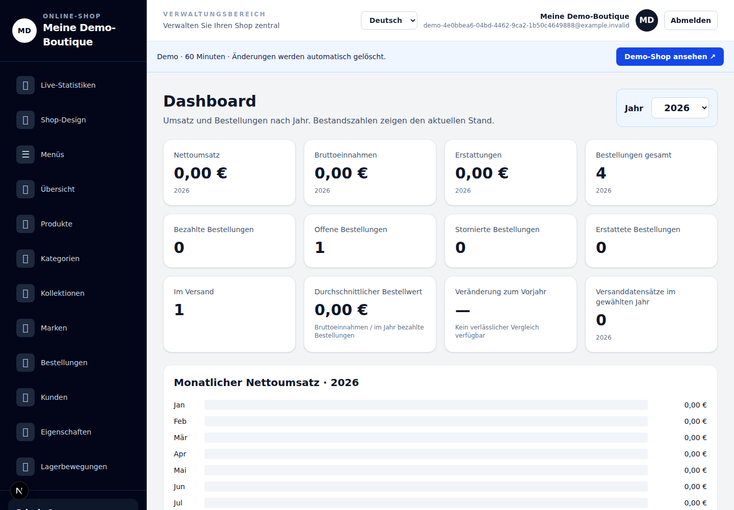 Admin im Überblick: echte deutsche Demoansicht mit fiktiven Daten