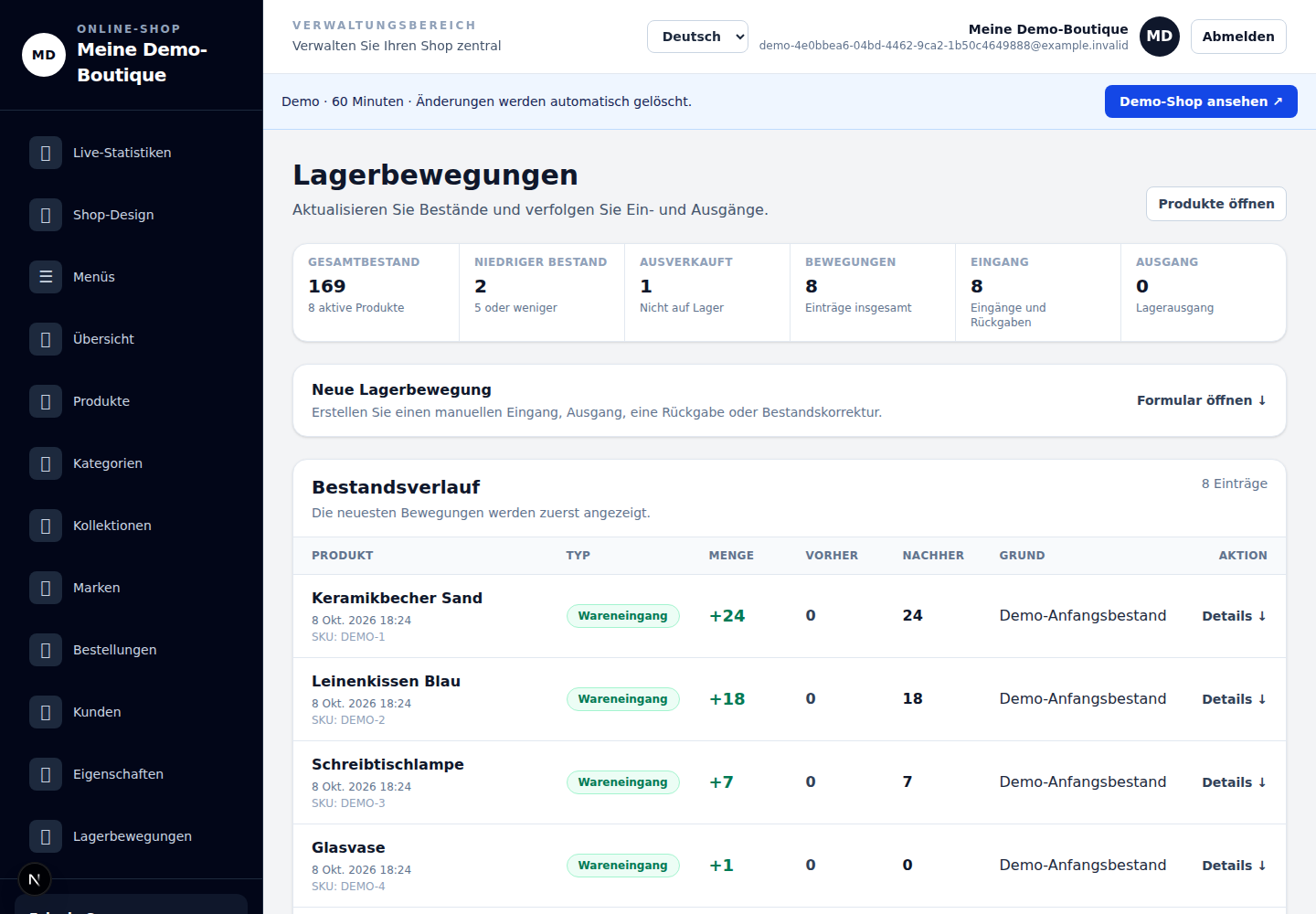 Bestände steuern: echte deutsche Demoansicht mit fiktiven Daten