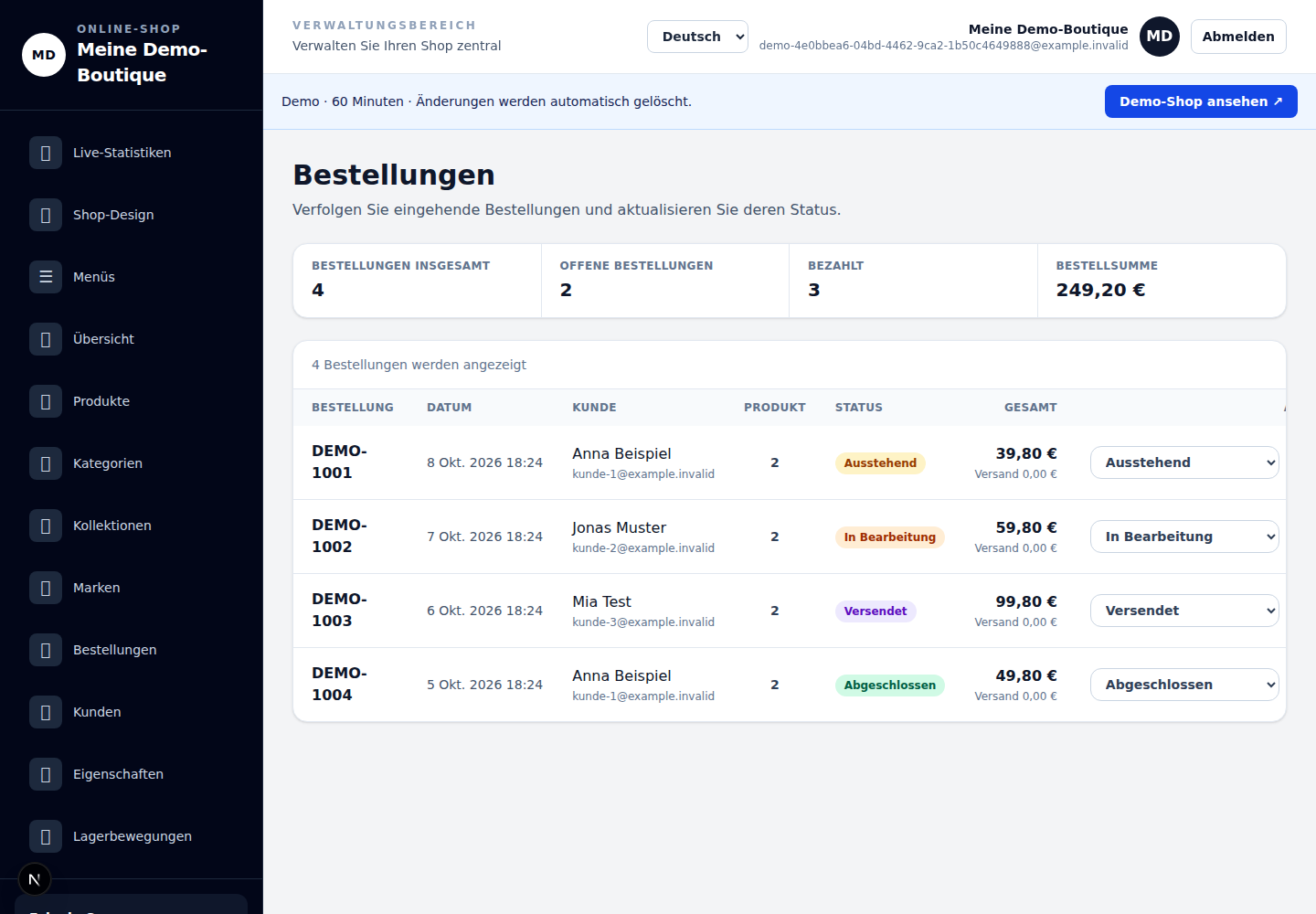 Bestellungen überblicken: echte deutsche Demoansicht mit fiktiven Daten