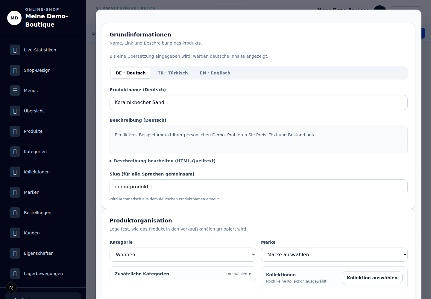 Produkte bearbeiten: echte deutsche Demoansicht mit fiktiven Daten