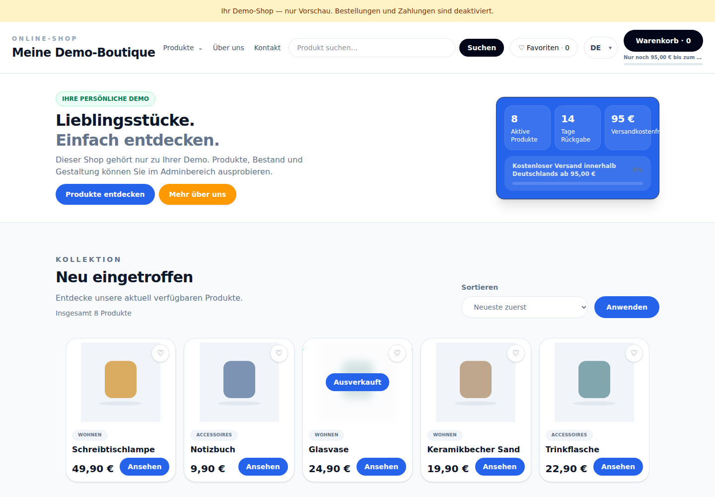 Shop am Desktop: echte deutsche Demoansicht mit fiktiven Daten