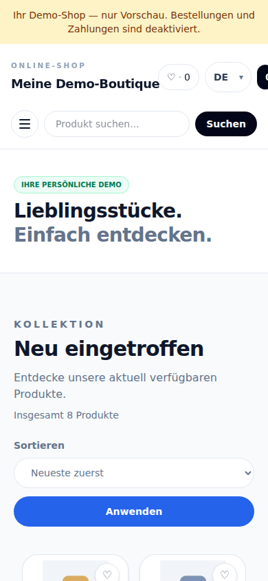 Shop unterwegs: echte deutsche Demoansicht mit fiktiven Daten